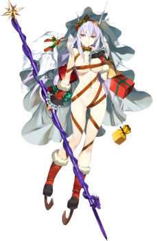 1girl breasts choukou_(alicesoft) choukou_taisen_escalation_heroines christmas cleavage fafnir_siegfried_vii fur_trim gift grey_hair highres holding holding_polearm holding_weapon hood ice_skates koutei_no_nir long_hair looking_at_viewer naked_ribbon official_art orion_(orionproject) polearm red_eyes red_ribbon ribbon skates smile solo weapon wrist_cuffs