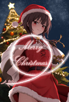 Rule 34 | 1girl, absurdres, black gloves, brown hair, capelet, christmas, christmas tree, closed mouth, commentary request, dress, fingerless gloves, gibun (sozoshu), gloves, hat, highres, kono subarashii sekai ni shukufuku wo!, looking at viewer, megumin, merry christmas, red capelet, red dress, red eyes, red hat, santa costume, santa dress, santa hat, short hair with long locks, solo