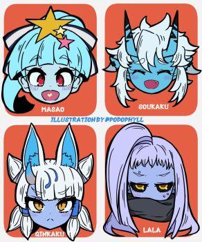 4girls :d ahoge animal_ear_fluff animal_ears artist_name black_scarf black_sclera blue_hair blue_skin blush closed_eyes closed_mouth colored_sclera colored_skin commentary dullahan earrings extra_ears fang fox_ears fox_girl ginkaku_(kemono_friends) grey_hair hair_between_eyes hair_ornament hair_tubes happy head_only heart heart_in_mouth horns hoshikawa_lily huge_ahoge jewelry kemono_friends kemono_friends_3 lala_(monster_musume) long_hair looking_at_viewer monster_girl monster_musume_no_iru_nichijou multicolored_hair multiple_girls oni open_mouth orange_background podophyll pointy_ears red_eyes scarf short_hair short_twintails simple_background single_horn skin-covered_horns skin_color_connection slit_pupils smile soukaku_(zenless_zone_zero) star_(symbol) star_hair_ornament symbol-only_commentary thick_eyebrows twintails twitter_username two-tone_hair white_background white_hair yellow_eyes zenless_zone_zero zombie zombie_land_saga
