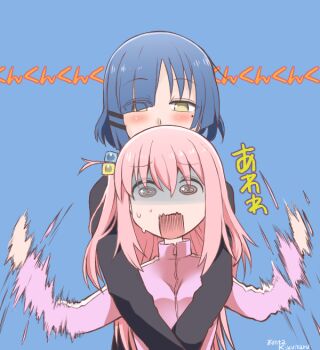 @_@ artist_name black_shirt blue_background blush bocchi_the_rock! commentary cube_hair_ornament disturbed gotoh_hitori green_eyes hair_between_eyes hair_ornament hair_over_one_eye hairclip heads_together height_difference hug hug_from_behind jacket kikumaru_bunta long_bangs long_sleeves looking_at_another mandarin_collar mole mole_under_eye motion_blur motion_lines no_pupils open_mouth outstretched_arms pink_jacket raised_eyebrows scared shaded_face shirt short_hair shouting side_ponytail signature simple_background smelling smelling_hair surprised sweat sweatdrop track_jacket w_arms waving_arms wavy_mouth yamada_ryo