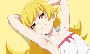 1girl absurdres armpits arms_behind_head arms_up bare_shoulders blonde_hair blush_stickers dress fang flat_chest halter_dress halterneck highres long_hair looking_at_viewer monogatari_(series) oshino_shinobu pointy_ears simple_background sleeveless sleeveless_dress smile solo sorashikomi vampire white_dress yellow_background yellow_eyes