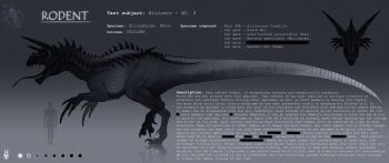 allosaurus animal_focus anime_coloring artist_name claws colored_skin commentary commentary_request creature english_text fangs fantasyartistry grey_skin highres horns limited_palette no_humans original raptor reference_sheet simple_background spikes standing tail teeth watermark