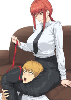 1boy 1girl absurdres black_pants blonde_hair braid braided_ponytail breasts chainsaw_man choke_hold collared_shirt commentary_request denji_(chainsaw_man) femdom highres holding holding_leash korean_commentary ksksksa large_breasts leash long_hair makima_(chainsaw_man) necktie open_mouth pants red_hair ringed_eyes sharp_teeth shirt short_hair smile strangling teeth thick_thighs thighs yellow_eyes
