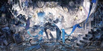 absurdres animal_ears asymmetrical_legwear bird blue_dress blue_eyes blue_flower blue_ribbon blue_theme book candle candlestand canvas_(object) chandelier checkered_clothes checkered_floor chinese_text commission day dome dress drill drill_hair easel eyelashes facial_mark fire flower glass globe hair_between_eyes hair_intakes hair_ornament hair_stick happy_birthday heterochromia highres leaf long_hair looking_at_animal mismatched_legwear original parted_lips picture_frame pink_eyes pocket_watch ribbon screentones shoes sidelocks sitting stairs stellated_octahedron sunlight twin_drills watch watermark white_bird white_eyes white_flower white_hair yan_zi_yao_yu