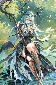 1girl absurdres antlers black_dress black_shoes breasts closed_mouth commentary dress duet_night_abyss green_eyes green_hair hair_between_eyes hand_up highres holding holding_staff horns huge_breasts lady_nifle_(duet_night_abyss) legs long_hair looking_at_viewer mole mole_under_mouth red_pupils rhtkd shoes sitting smile solo staff