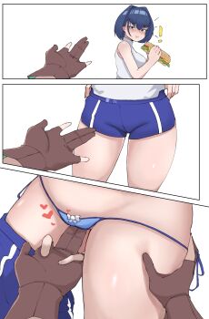 2girls 3koma alternate_costume blue_eyes blue_hair blue_panties blue_shorts blush breasts brown_gloves cleft_of_venus closed_mouth comic cowboy_shot dolphin_shorts eating embarrassed eyebrows eyelashes female_focus female_pov fingering fingering_through_clothes food from_side gloves hand_on_another's_thigh highres hololive hololive_english large_breasts looking_at_viewer looking_to_the_side lower_body matching_hair/eyes medium_hair multiple_girls nanashi_mumei ouro_kronii panties pov pov_hands qone sandwich sequential sex shirt shorts shorts_around_one_leg side-tie_panties silent_comic simple_background sleeveless sleeveless_shirt thighs through_clothes underwear undressing upper_body virtual_youtuber wavy_mouth white_background white_shirt yuri