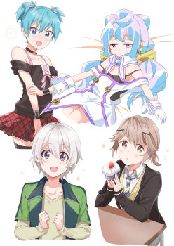 4boys absurdres ansatsu_kyoushitsu blue_eyes blue_hair blush brown_eyes cardigan crossdressing crossdressing_(mtf) crossover cupcake food gloves hacka_doll hacka_doll_3 hair_between_eyes highres light_brown_hair long_hair looking_at_viewer male_focus masamune-kun_no_revenge multiple_boys multiple_crossover necktie open_mouth purple_eyes rayuse school_uniform shiota_nagisa short_twintails shuri_kojuurou silver_hair skirt smile totsuka_saika trait_connection trap twintails white_gloves yahari_ore_no_seishun_lovecome_wa_machigatteiru.