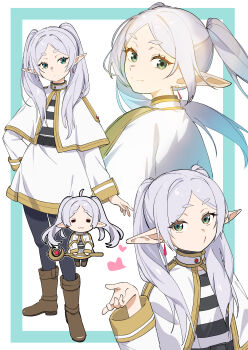 1girl :3 absurdres aqua_border belt black_belt black_pantyhose blowing_kiss boots border brown_boots capelet chibi chibi_inset closed_mouth commentary_request earrings elf frieren full_body gold_trim green_eyes grey_hair highres holding holding_staff jacket jewelry long_hair multiple_views pantyhose parted_bangs pointy_ears ponshu_(ponshuislife) puckered_lips shirt skirt smile solo sousou_no_frieren staff striped_clothes striped_shirt thick_eyebrows twintails upper_body white_background white_capelet white_jacket white_skirt