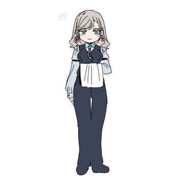 Rule 34 | 1girl, alternate costume, black pants, black vest, blue eyes, blush stickers, breasts, butler, ceras yanagida lilienfeld, closed mouth, collared shirt, commentary request, fake facial hair, female butler, full body, grey hair, grey shirt, hair ribbon, holding, large breasts, link! like! love live!, long hair, long sleeves, looking at viewer, love live!, pants, pink ribbon, puff of air, ribbon, shinanoya (satanicad), shirt, simple background, smile, solo, standing, straight-on, vest, virtual youtuber, wavy hair, white background