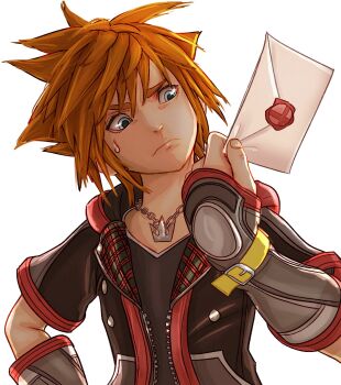 1boy black_jacket black_shirt blue_eyes brown_hair commentary confused english_commentary envelope head_tilt highres holding holding_envelope jacket jewelry kingdom_hearts kingdom_hearts_iii male_focus necklace nintendo shirt short_sleeves smash_invitation solo sora_(kingdom_hearts) spiked_hair super_smash_bros. upper_body v-shaped_eyebrows white_background yoracrab