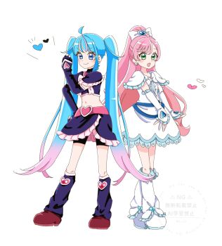 2girls 2v_iil3 :d ahoge arm_warmers asymmetrical_bangs belt bike_shorts bike_shorts_under_skirt black_arm_warmers black_gloves black_leg_warmers black_shorts black_skirt bow buckle chest_bow clenched_hand closed_mouth commentary cosplay crop_top cure_black cure_black_(cosplay) cure_prism cure_sky cure_white cure_white_(cosplay) cut_bangs dress earrings fingerless_gloves frilled_arm_warmers frilled_dress frilled_skirt frilled_sleeves frills full_body futari_wa_precure gloves gradient_hair green_eyes hair_bow hair_ornament half_updo hand_up heart heart_ahoge heart_earrings heart_hair_ornament high_ponytail highres hirogaru_sky!_precure in-franchise_crossover jewelry leg_warmers long_hair looking_at_viewer magical_girl midriff multicolored_hair multiple_girls navel nijigaoka_mashiro notice_lines open_mouth pink_belt pink_hair pink_shoes ponytail precure shoes short_dress short_sleeves shorts side-by-side simple_background single_hair_streak single_sidelock skirt smile sora_harewataru standing streaked_hair swept_bangs twintails two-tone_hair very_long_hair watermark white_arm_warmers white_background white_bow white_dress white_leg_warmers white_shoes