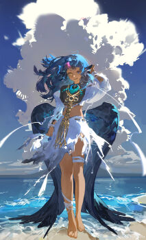 1girl artist_request barefoot blue_hair dark-skinned_female dark_skin feathered_wings heterochromia ocean original standing wings
