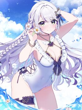 1girl absurdres blue_sky braid breasts cleavage cloud cloudy_sky cocoluce commentary_request commission covered_navel feather_hair_ornament feathers flower green_eyes green_jacket hair_ornament hanenone_cocone highres jacket large_breasts long_hair mochiko_tsuru ocean one-piece_swimsuit open_clothes open_jacket outdoors second-party_source see-through_clothes see-through_jacket sky solo swimsuit thigh_strap thighs virtual_youtuber water white_flower white_hair white_one-piece_swimsuit