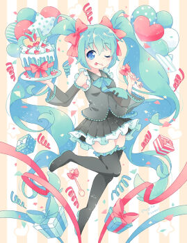 Rule 34 | 1girl, birthday, boots, cake, commentary request, food, gift, happy birthday, hatsune miku, highres, mugita konomi, necktie, no humans, one eye closed, ribbon, signature, skirt, solo, spoon, tongue, tongue out, vocaloid