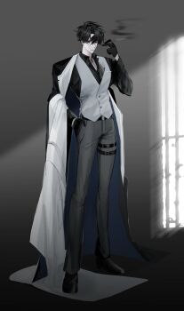 Rule 34 | 1boy, absurdres, black gloves, black hair, black shirt, cigarette, coat, collared shirt, curtained hair, full body, gloves, grey vest, hair between eyes, hand in pocket, hayu beck, head tilt, highres, holding, holding cigarette, male focus, multicolored coat, omniscient reader's viewpoint, open clothes, open coat, secretive plotter, shirt, short hair, smoke, smoke trail, solo, standing, two-tone coat, vest, window light, yoo joonghyuk