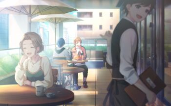 1girl 3boys :d ^_^ aoyagi_touya black_pants black_vest blonde_streaks blue_hair blue_sky blueberry brown_eyes brown_hair building chair closed_eyes colorful_palette cream cup drink drinking_straw eating food fork fruit game_cg glass highres holding holding_cup holding_fork holding_menu hood jacket jewelry junpaku_no_anata_e_chikai_no_uta_wo!_(project_sekai) menu multicolored_hair multiple_boys necklace official_art open_clothes open_jacket open_mouth orange_hair orange_jacket pancake pancake_stack pants plate project_sekai red_jacket shinonome_akito shirt shoes sitting sky smile split-color_hair table third-party_source tongue two-tone_hair vest white_shirt white_shoes