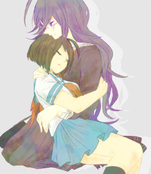 2girls ahoge arm_around_another arm_around_shoulder arm_around_waist hug arms_around_shoulders arms_around_waist blue_skirt brown_hair closed_mouth cuddling danganronpa_(series) danganronpa_another_episode:_ultra_despair_girls dress closed_eyes fukawa_toko full_body glasses long_hair lying medium_hair multiple_girls naegi_komaru on_person open_mouth purple_dress purple_eyes purple_hair red_neckwear sailor_collar sailor_dress sailor_shirt school_uniform shirt simple_background skirt yuri