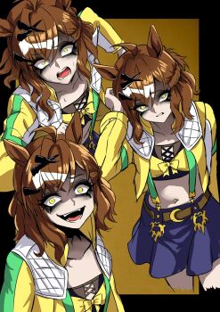 Rule 34 | ahoge, animal ears, bandeau, belt, blue skirt, braid, breasts, brown belt, brown hair, collarbone, earrings, grin, hair between eyes, hair ornament, hairclip, half up braid, half up half down braid, highres, horse ears, horse girl, jacket, jewelry, jungle pocket (champion's battle cry) (umamusume), jungle pocket (umamusume), long sleeves, looking at viewer, medium hair, midriff, nagai negi, navel, open clothes, open mouth, shaded face, shirt, skirt, smile, teeth, umamusume, yellow eyes, yellow jacket