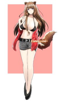 Rule 34 | 1girl, absurdres, alternate costume, animal ear fluff, animal ears, bare shoulders, belt, black belt, black boots, black bra, blunt bangs, boots, border, bra, breasts, brown hair, cleavage, closed mouth, collarbone, commentary, commission, english commentary, eyelashes, grey shorts, hand up, highres, jacket, large breasts, long hair, long legs, looking at viewer, metal hair tubes, navel, nikasubsia, off shoulder, open clothes, open jacket, outside border, pink background, pink eyes, raccoon ears, raccoon girl, raccoon tail, raphtalia, red jacket, short shorts, shorts, smile, solo, stomach, straight-on, tail, tate no yuusha no nariagari, tomboy, underwear, white border