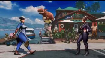 2girls 3d akiman_pose animated bracelet breast_press breasts capcom chun-li double_bun ear_piercing fatal_fury fatal_fury:_city_of_the_wolves female_focus hair_bun jewelry large_breasts lipstick long_hair looking_at_another makeup multiple_girls piercing ponytail shiranui_mai short_hair snk street_fighter symmetrical_docking tagme thick_thighs thighs video