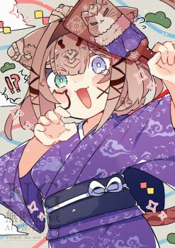 !? 1girl alternate_costume animal_ears blue_eyes breasts brown_hair can_(honkai_impact) cat_ears cat_girl cat_tail commentary_request green_eyes heterochromia highres holding honkai_(series) honkai_impact_3rd japanese_clothes kimono medium_breasts open_mouth pardofelis purple_kimono short_hair solo tail uouomon0808