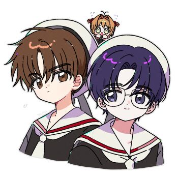 Rule 34 | 1girl, 2boys, artist name, black shirt, blush, brown eyes, brown hair, cardcaptor sakura, closed mouth, cropped shoulders, flying sweatdrops, glasses, green eyes, grey outline, hair bobbles, hair ornament, highres, hiiragizawa eriol, kinomoto sakura, li syaoran, male focus, multiple boys, necktie, open mouth, outline, parted bangs, purple eyes, purple hair, sailor collar, school uniform, serafuku, shirt, short hair, simple background, smile, two side up, white background, white necktie, white sailor collar, yalmyu