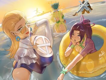 2boys 3girls alien antennae ass beach ben_grimm blonde_hair breasts butterfly_ornament cleavage curvy fantastic_four green_hair green_one-piece_swimsuit guardians_of_the_galaxy highleg highleg_one-piece_swimsuit jeff_(marvel) large_breasts mantis_(marvel) mantis_(oceanic_harmony)_(marvel) marvel marvel_rivals mugi_(mugit49) multiple_boys multiple_girls official_alternate_costume one-piece_swimsuit outdoors pointy_ears psylocke psylocke_(breezy_butterfly) purple_hair ribbon shark signature smile sue_storm sunglasses swimsuit symbiote teeth venom_(marvel) water western_comics_(style) wide_hips x-men