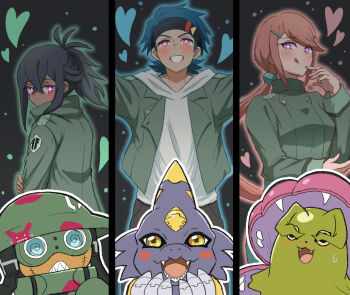 Rule 34 | 1girl, 2boys, arm shield, armor, black hair, black pants, blue hair, commentary request, crossed bangs, dark-skinned male, dark skin, digimon, digimon (creature), digimon beatbreak, full body, granit (digimon), green armor, green helmet, green jacket, heart, helmet, high ponytail, horns, jacket, kadoko5, kanuma hotaruko, ludomon, monodramon, multiple boys, pants, pink hair, ponytail, shakomon, simple background, smile, souda raito, stitched face, stitches, tongue, tongue out