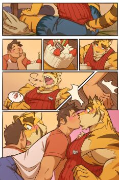 2boys 4koma animal_ears bara blowing blowing_candle blush cake comic denim food furry furry_male furry_with_non-furry happy happy_birthday highres huge_eyebrows interspecies jeans kiss large_pectorals leaning_forward male_focus morenatsu multiple_boys muscular muscular_male nipple_slip nipples nyuudles pants pectoral_cleavage pectorals red_tank_top sequential short_hair sideburns sidepec surprise_kiss surprised tank_top thick_eyebrows tiger_boy tiger_ears torahiko_oshima yaoi yellow_fur