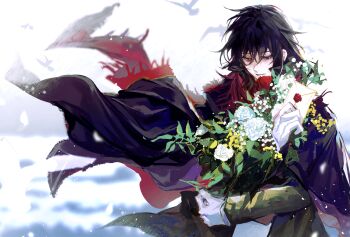 Rule 34 | 1boy, absurdres, bird, black cape, black hair, black jacket, blurry, blurry background, bouquet, cape, envelope, flower, gloves, hair between eyes, highres, holding, holding bouquet, holding flower, holding letter, jacket, klein moretti, letter, long hair, long sleeves, looking down, lord of the mysteries, male focus, merlin hermes, red flower, red scarf, scarf, solo, sumidainxin, white flower, white gloves, wind