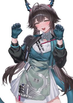 1girl absurdres ahoge arknights arknights:_endfield black_hair blue_gloves chen_qianyu_(arknights) commentary dragon_girl dragon_horns dragon_tail dress eastern_dragon_horns eastern_dragon_tail english_commentary gloves highres horns long_hair molyb multicolored_eyes multicolored_gloves simple_background solo tail twintails two-tone_eyes two-tone_gloves white_background white_dress