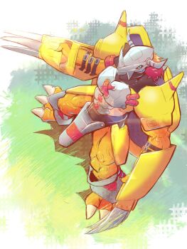 Rule 34 | absurdres, armor, claw (weapon), colored skin, digimon, digimon (creature), dragon, full body, gauntlets, green eyes, helmet, highres, horns, mechanical wings, orange skin, red hair, solo, standing, wargreymon, weapon, wings, yellow armor, youwantstars