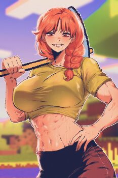 1girl abs alex_(minecraft) black_pants breasts cloud green_shirt hand_on_own_hip highres holding holding_pickaxe large_breasts long_hair looking_at_viewer minecraft muscular muscular_female on_shoulder orange_hair outdoors pants pickaxe pixel_art red_eyes shirt sky smile solo spoiledmuffin standing tank_top tree water