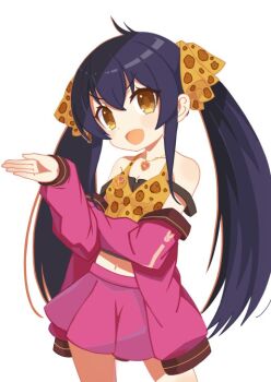 Rule 34 | 1girl, animal print, bare shoulders, black hair, blush, brown eyes, camisole, commentary request, hair between eyes, hair ribbon, heart, heart necklace, idolmaster, idolmaster cinderella girls, jacket, jewelry, leopard print, long hair, long sleeves, looking at viewer, matoba risa, navel, necklace, off shoulder, open clothes, open jacket, open mouth, pink jacket, pink skirt, print camisole, ribbon, simple background, skirt, sleeves past wrists, solo, taru haru, twintails, very long hair, white background