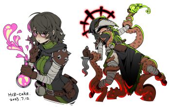 1girl affliction_(darkest_dungeon) bandages belt belt_pouch black_hair blush breasts brown_belt dagger dated finger_to_mouth glasses groping h_ikenuma highres holding holding_dagger holding_knife holding_weapon hood knife medium_breasts medium_hair panties panty_peek pauldrons pink_eyes plague_doctor_(darkest_dungeon) plague_doctor_mask potion pouch restrained shushing signature simple_background spiked_pauldrons spikes sweatdrop tentacles underwear utility_belt weapon white_background