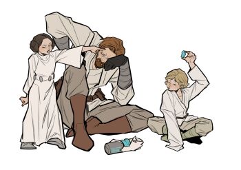 Rule 34 | 1girl, 2boys, aged down, beard, black gloves, blonde hair, boots, brown boots, brown hair, brown pants, donut hair bun, double bun, dress, facial hair, gloves, hair bun, highres, irispardom, long dress, luke skywalker, multiple boys, obi-wan kenobi, pants, pointing, princess leia, short hair, simple background, sitting, star wars, star wars: a new hope, tongue, tongue out, tunic, white background, white dress, white tunic