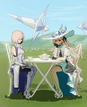 absurdres armor armored_dress bare_shoulders black_gloves blush breasts capelet dress earrings elbow_gloves fate/grand_order fate_(series) fgo_gwa flower gloves hair_over_one_eye hair_ribbon hat hat_flower highres jewelry large_breasts long_hair mash_kyrielight mash_kyrielight_(demi-servant) multiple_girls olga_marie_animusphere open_mouth orange_eyes pink_hair purple_hair ribbon short_hair smile sun_hat two-tone_dress u-olga_marie u-olga_marie_(first_ascension) very_long_hair white_dress white_hair white_hat