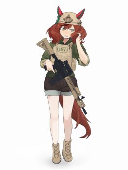 Rule 34 | absurdres, adjusting hair, alternate costume, animal ears, assault rifle, averting eyes, blush, boots, brown boots, brown hair, brown shoes, bulletproof vest, commentary, double-parted bangs, ear covers, elcan scope, english commentary, full body, green hoodie, grey eyes, gun, hair between eyes, helmet, highres, holding, holding gun, holding weapon, hood, hood down, hoodie, horse ears, horse girl, laser sight, long sleeves, m4 carbine, magazine (weapon), medium hair, multicolored hair, muzzle device, myticalcat, nice nature (umamusume), open mouth, peanut mouth, rifle, shoes, short shorts, short twintails, shorts, sleeves rolled up, standing, streaked hair, trigger discipline, twintails, umamusume, weapon