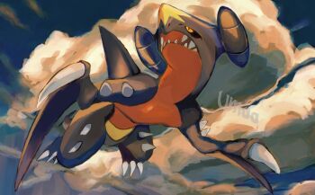 black_sclera claws cloud colored_sclera dragon fangs fins flying garchomp gen_4_pokemon highres nintendo no_humans oisisabatugun open_mouth pokemon pokemon_(creature) pokemon_focus sharp_teeth sky spikes teeth yellow_eyes