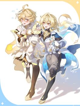 1boy 1girl aether_(as_heaven_and_earth_are_made_anew)_(genshin_impact) aether_(genshin_impact) aether_(genshin_impact)_(cosplay) ahoge bare_shoulders black_boots blonde_hair boots bow breasts brother_and_sister brown_boots coat commentary cosplay costume_switch crossdressing crossdressing_(ftm) crossdressing_(mtf) detached_sleeves dress earrings embarrassed english_commentary facing_viewer floating_hair flower flying_sweatdrops full_body genshin_impact grey_pants hair_between_eyes hair_bow hair_flower hair_ornament hand_on_another's_shoulder hand_on_own_hip hand_up highres jewelry knee_boots long_hair looking_at_another lumine_(as_heaven_and_earth_are_made_anew)_(genshin_impact) lumine_(genshin_impact) lumine_(genshin_impact)_(cosplay) medium_breasts open_mouth pants ponytail shadow short_hair_with_long_locks siblings simple_background single_earring thigh_boots twins viviwi walking white_background white_coat white_dress