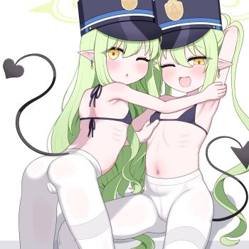 2girls absurdres armpits ass blackness_(blackness661) blue_archive blush breasts cameltoe demon_tail earrings fang green_hair hat highres hikari_(blue_archive) jewelry legs loli long_hair long_twintails multiple_girls navel nozomi_(blue_archive) one_eye_closed pantyhose pointy_ears siblings simple_background sisters small_breasts stomach tail thighs torso_grab twintails white_background yellow_eyes yuri