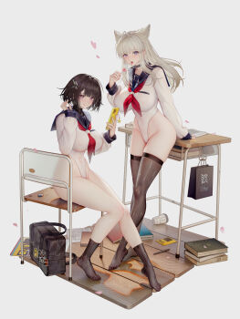2girls absurdres animal_ears arknights arknights:_endfield bag binggong_asylum blue_eyes blue_sailor_collar breasts brown_hair brown_socks brown_thighhighs candy cellphone chair desk endministrator_(arknights) female_endministrator_(arknights) food full_body highres holding holding_candy holding_food holding_lollipop large_breasts leotard lollipop multiple_girls neckerchief no_shoes perlica_(arknights) phone red_neckerchief sailor_collar school_bag school_chair school_desk short_hair sitting smartphone socks thighhighs tongue tongue_out wet_socks wet_thighhighs white_hair white_leotard