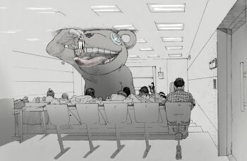 1boy 6+girls classroom claws lecture monster multiple_girls open_mouth original school teeth toi_(number8) tongue vore