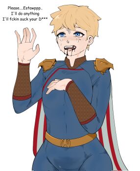 1boy belt blonde_hair blood blood_in_mouth blood_on_face blue_eyes blush bodysuit cape english_text highres homelander i'll_fucking_suck_your_dick_(meme) littlebeanardo long_sleeves meme short_hair simple_background solo tagme the_boys trap white_background wide_hips