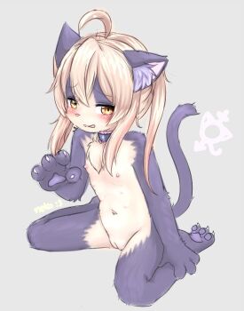 1girl ahoge animal_ear_fluff blush body_fur choker claws cleft_of_venus embarrassed extra_breasts female_focus flat_chest furrification furry furry_female genderswap genderswap_(mtf) grey_background loli mcsadat multicolored_fur navel nipples onii-chan_wa_oshimai! oyama_mahiro pawpads pink_hair pussy sidelocks simple_background sitting solo twintails uncensored wariza