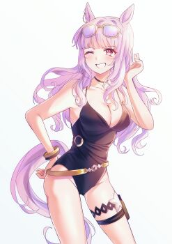 1girl absurdres animal_ears black_one-piece_swimsuit blush breasts camellia_(camel_mal) casual_one-piece_swimsuit cleavage commentary_request contrapposto eyewear_on_head gold_ship_(run_revolt_launcher)_(umamusume) gold_ship_(umamusume) hand_on_own_hip highres horse_ears horse_girl horse_tail korean_commentary large_breasts long_hair looking_at_viewer official_alternate_costume one-piece_swimsuit one_eye_closed purple-tinted_eyewear purple_eyes purple_hair purple_tail red_eyes smile solo sunglasses swimsuit tail thigh_strap thighs tinted_eyewear umamusume yellow-framed_eyewear