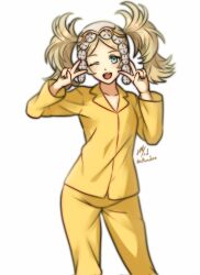 Rule 34 | 1girl, ;d, blonde hair, blue eyes, cowboy shot, double v, fire emblem, fire emblem awakening, hair ornament, highres, lissa (fire emblem), long hair, long sleeves, looking at viewer, nintendo, one eye closed, open mouth, pajamas, rotomdocs, signature, simple background, smile, solo, twintails, twitter username, v, white background, yellow pajamas