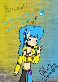 bandeau black_pants blue_eyes blue_hair blue_pants brick_wall canari_(pokemon) canari_(pokemon)_(cosplay) cosplay criss-cross_straps gradient_background highres hololive hoshimachi_suisei jacket mask_pull nintendo pants pokemon pokemon_legends:_z-a short_hair side_ponytail sports_bra superscud69ds two-tone_mask two-tone_pants virtual_youtuber yellow_bandeau yellow_jacket yellow_mask yellow_sports_bra