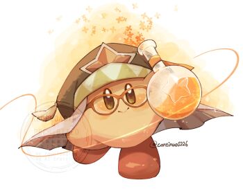 black_hat brown_eyes closed_mouth commentary continuo0226 flask glasses hat highres holding holding_flask kirby kirby_(series) looking_at_viewer nintendo no_humans round-bottom_flask smile solo symbol-only_commentary twitter_username