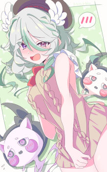 Rule 34 | 1girl, alias anono, black hat, blush, braid, commission, cosplay, green hair, grey hair, hair between eyes, hat, head wings, heterochromia, highres, hinata hirune, multicolored hair, open mouth, pillowdear, pillowdear (1st costume), pillowdear (cosplay), pink eyes, purple eyes, skeb commission, spoken blush, streaked hair, v4mirai, virtual youtuber, white wings, wings